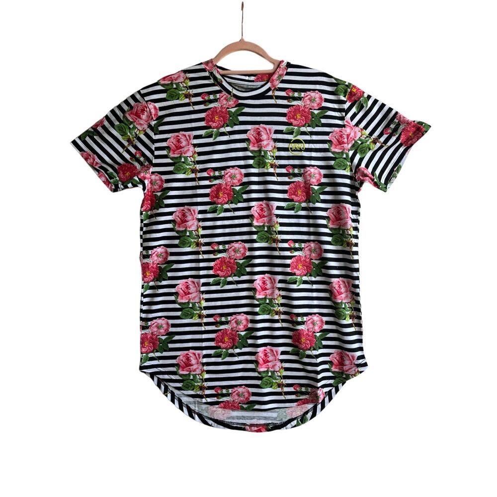 Women's T-Shirt Short Sleeve Black Stripes Floral Pattern Sleep Shirt Casual NWT